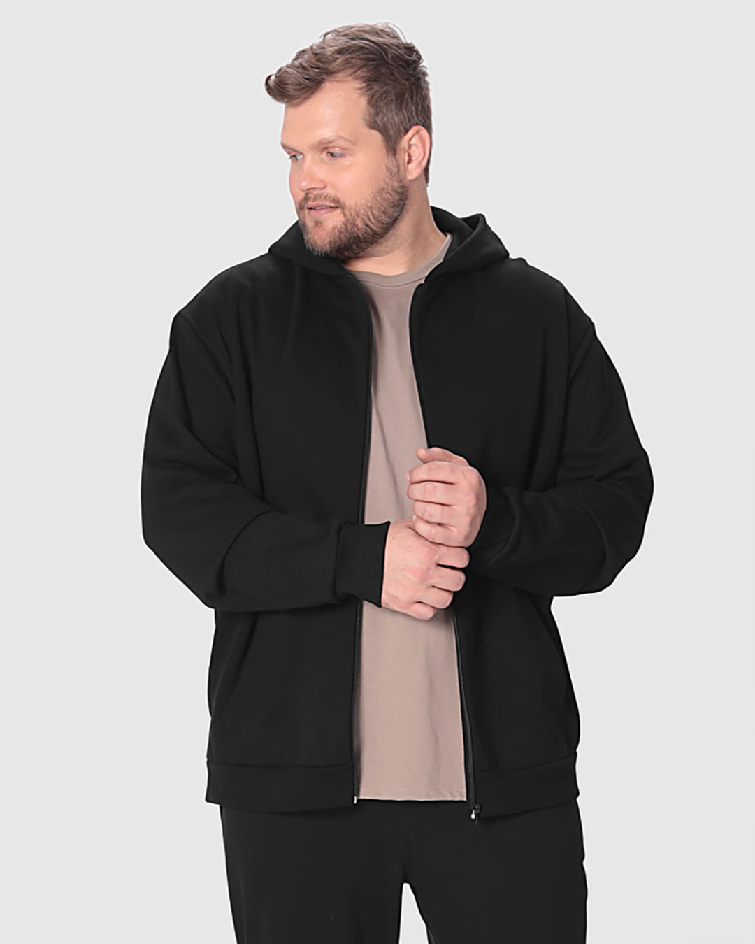 Jaqueta Básica Masculina Plus Size Bolso Funcional Em Moletom Flanelado