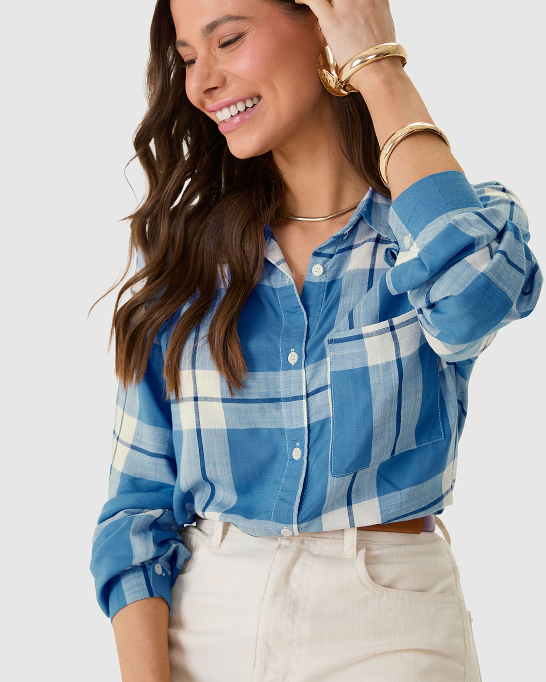 Camisa Feminina Manga Longa Xadrez Em Viscose Sarjada