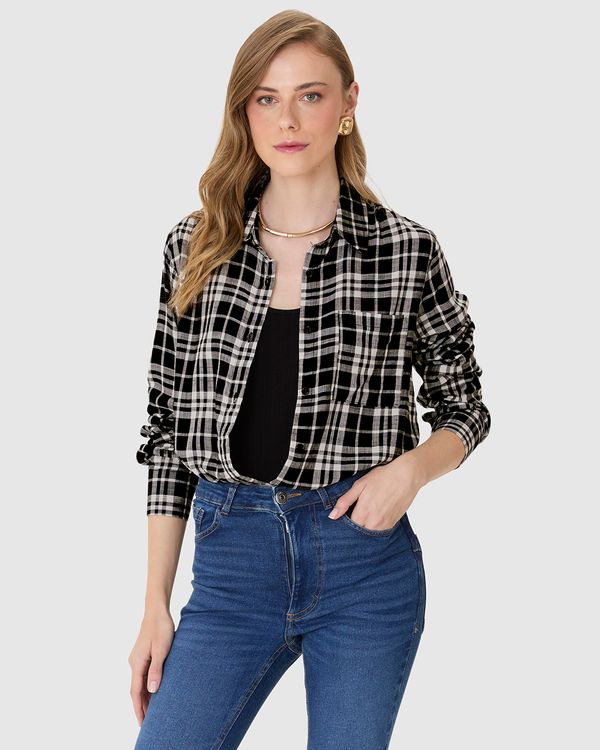 Camisa Feminina Manga Longa Xadrez Em Viscose Sarjada Preto - M
