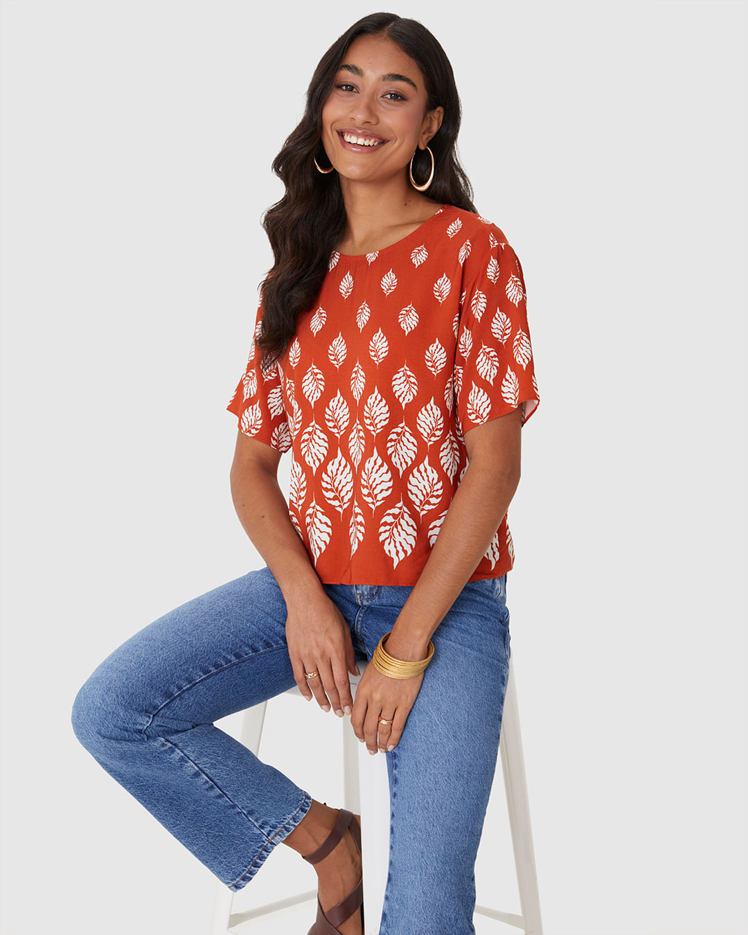 Blusa Box Feminina Manga Curta Estampa Digital Em Viscose