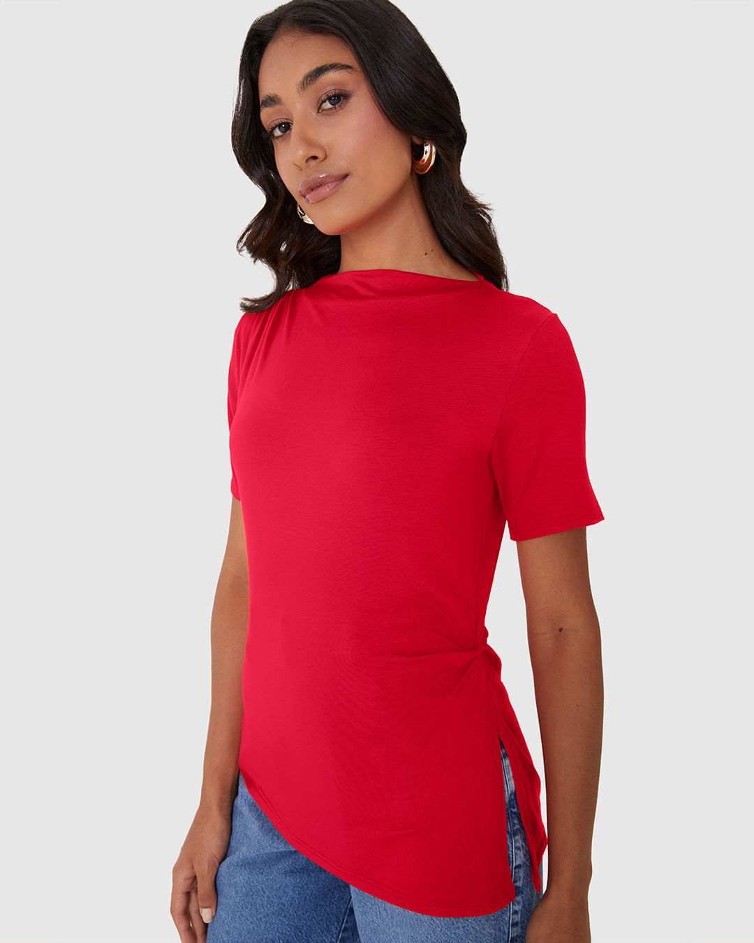 Blusa Feminina Assimétrica Torção E Fenda Lateral Em Viscose Stretch