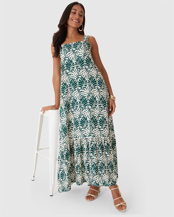 Vestido Longo Feminino Amplo Estampa Folhagem Em Viscose Verde - G