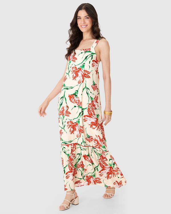 Vestido Longo Feminino Amplo Estampa Floral Em Viscose Off White - GG