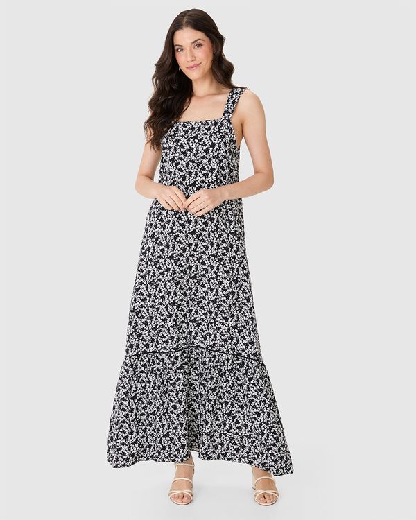 Vestido Longo Feminino Amplo Estampa Floral Em Viscose Preto - G