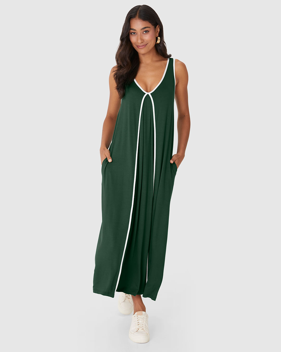 Vestido Midi Feminino Evasê Detalhe Costura Contraste Em Viscose Stretch