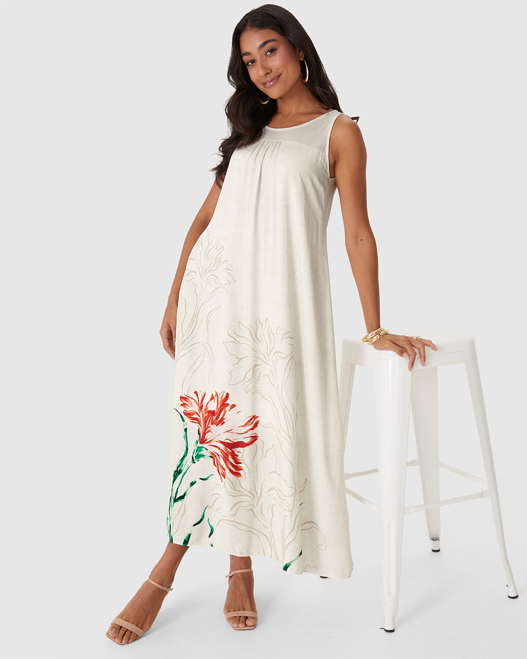 Vestido Midi Feminino Evasê Estampa Frente E Costas Em Viscose