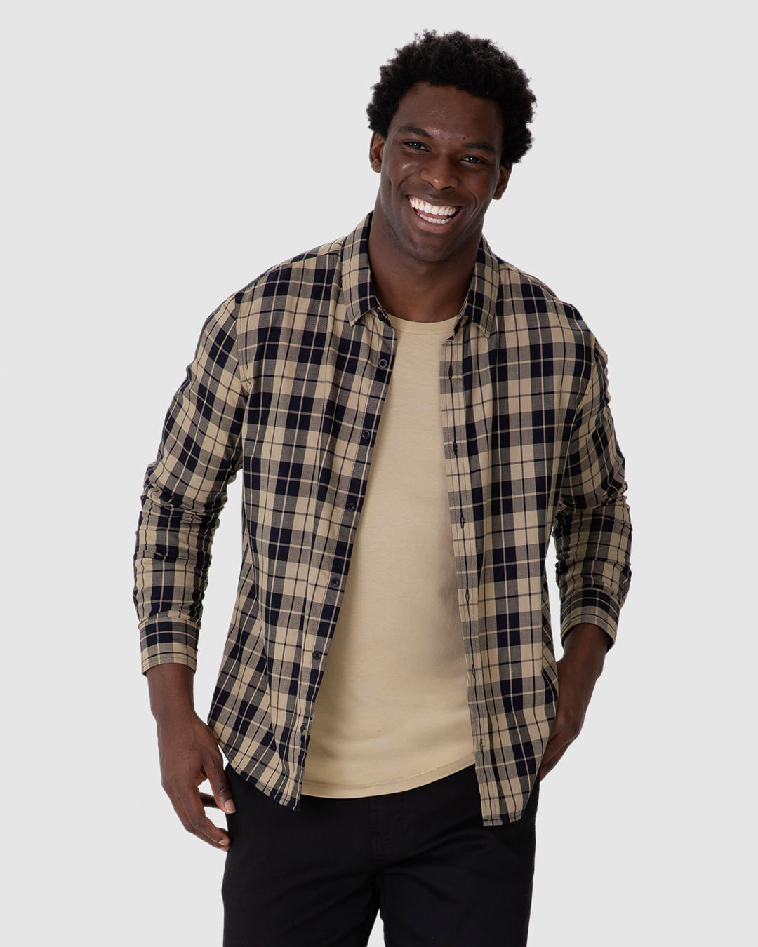 Camisa Masculina Xadrez Manga Longa Em Algodão Sarjado