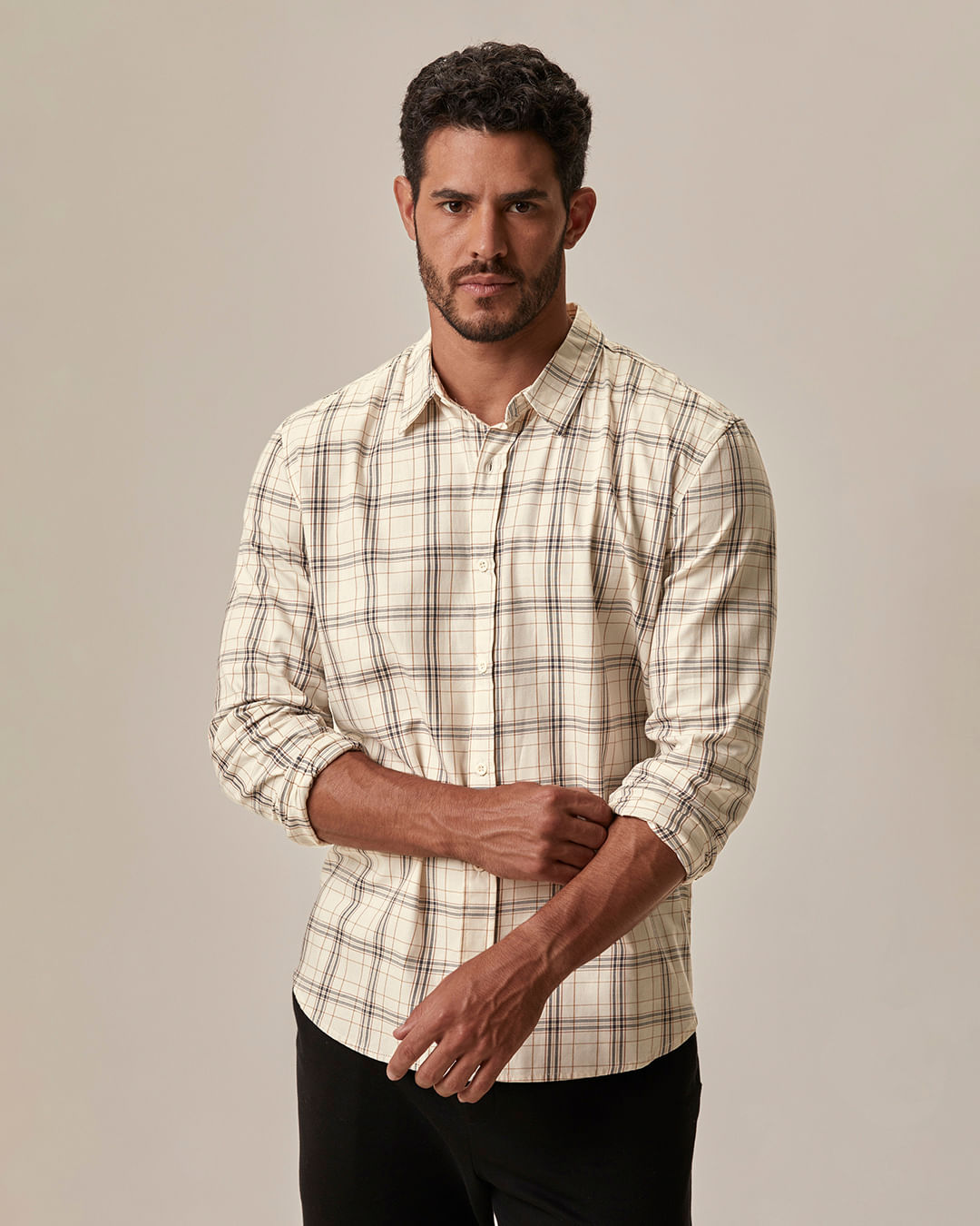 Camisa Masculina Xadrez Manga Longa Em Algodão Sarjado