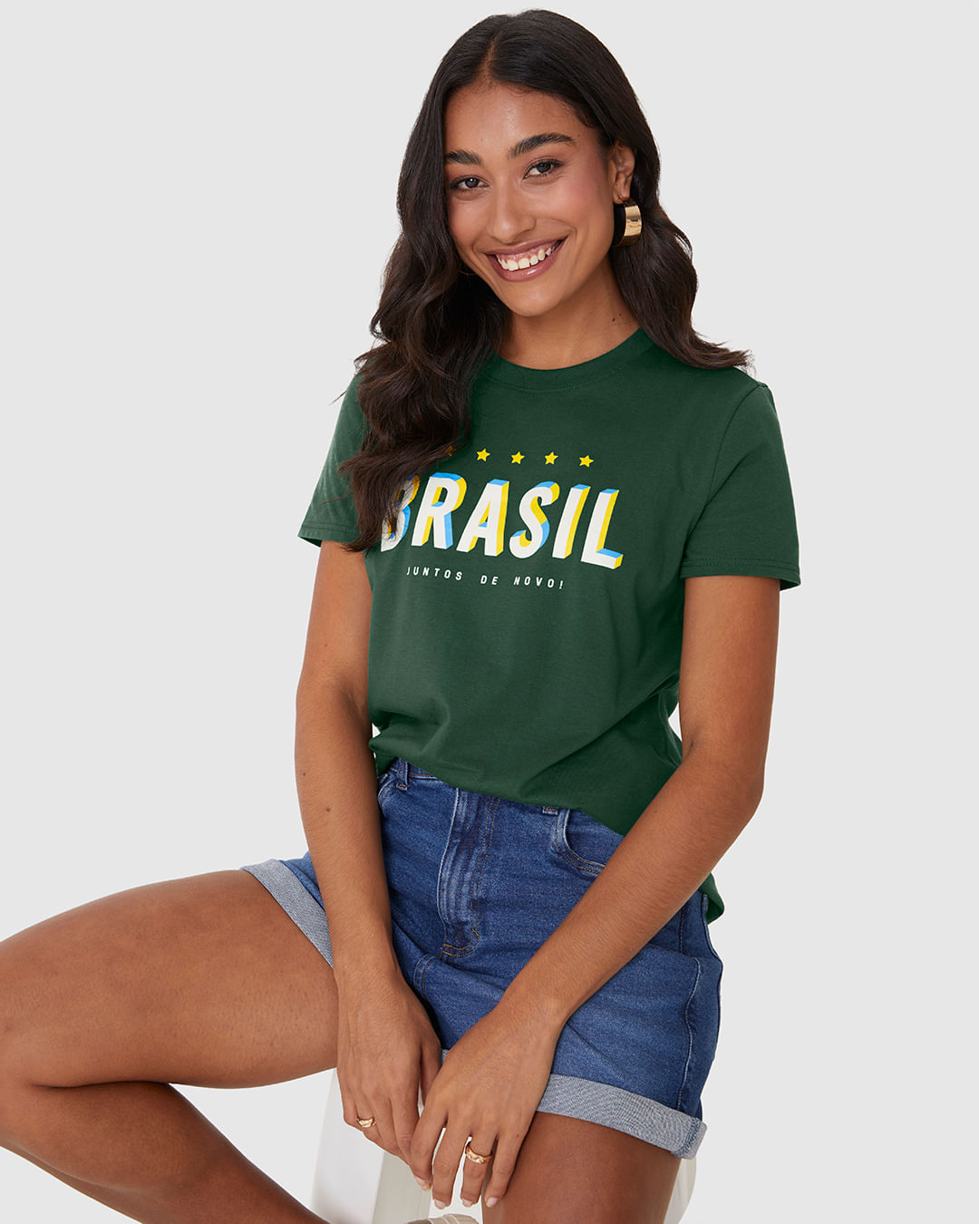 Camiseta Feminina Estampa Esportiva Brasil Juntos De Novo! Em Algodão