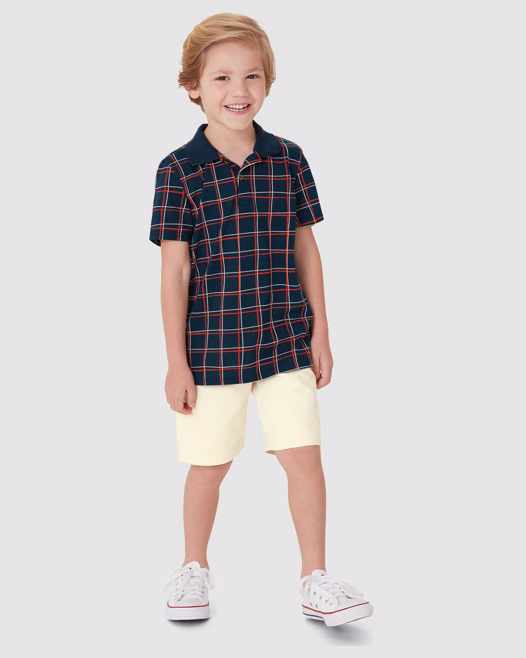 Conjunto Infantil Menino Camisa Polo Estampa Xadrez Em Algodão Malwee Kids