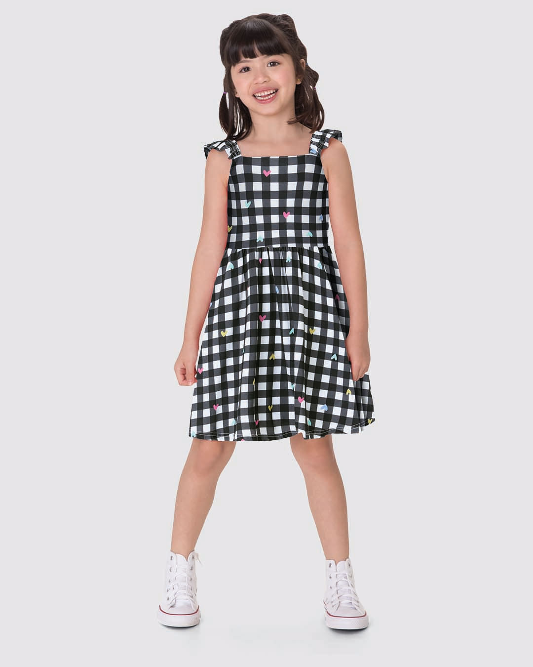 Vestido Infantil Estampa Digital Xadrez + Corações Em Algodão Malwee Kids