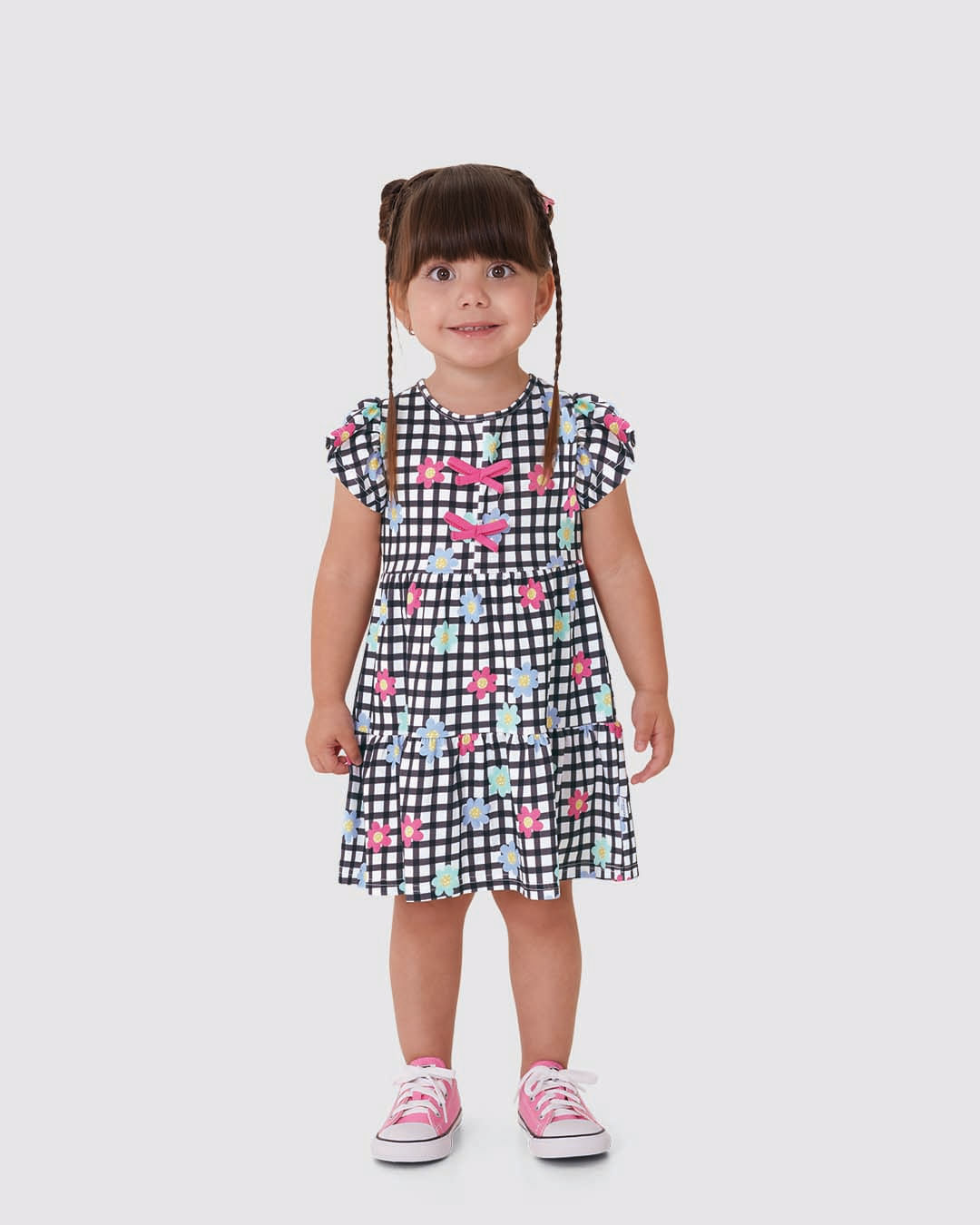 Vestido Infantil Menina Estampa Xadrez E Laços Em Algodão Malwee Kids