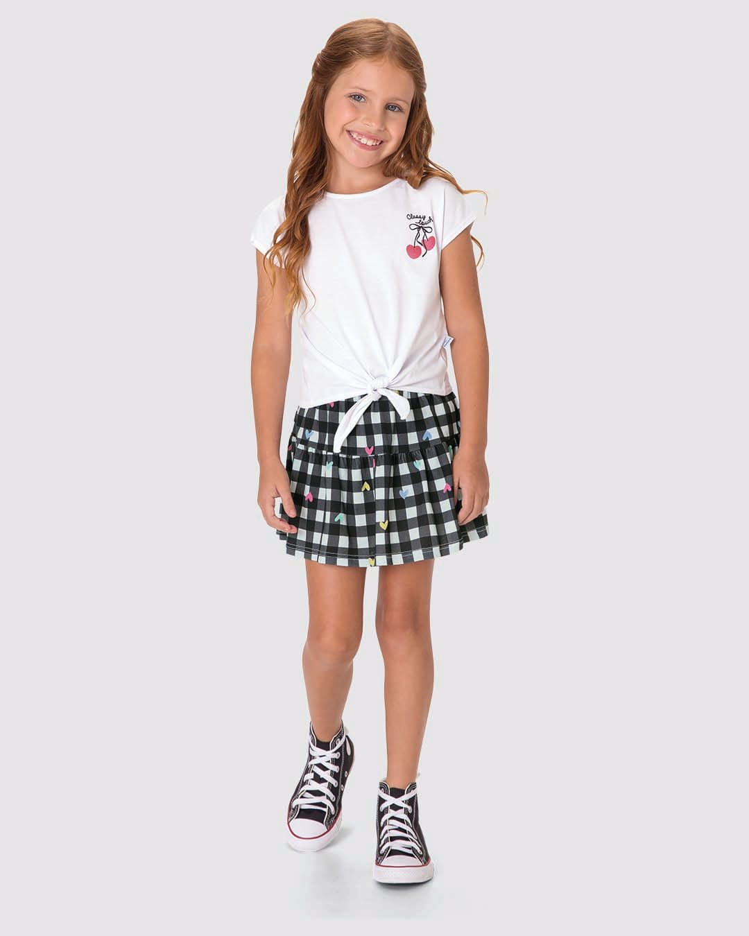 Conjunto Infantil Menina Shorts Saia Estampa Xadrez Em Algodão Malwee Kids