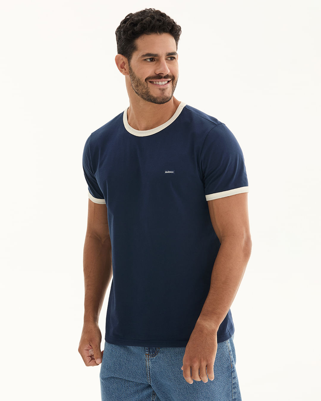 Camiseta Masculina Slim Gola Contraste Em Malha 100% Algodão Original Malwee