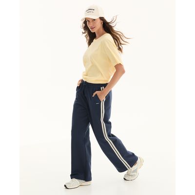 Calça Wide Leg Feminina Listra Lateral Em Moletom Flanelado Original Malwee
