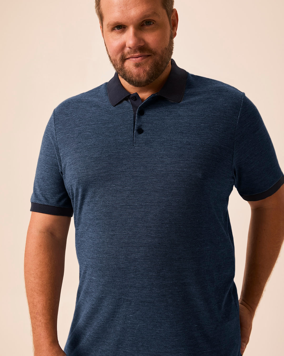 Camisa Polo Masculina Plus Size Regular Peitilho Frontal Em Piquet Mesclado