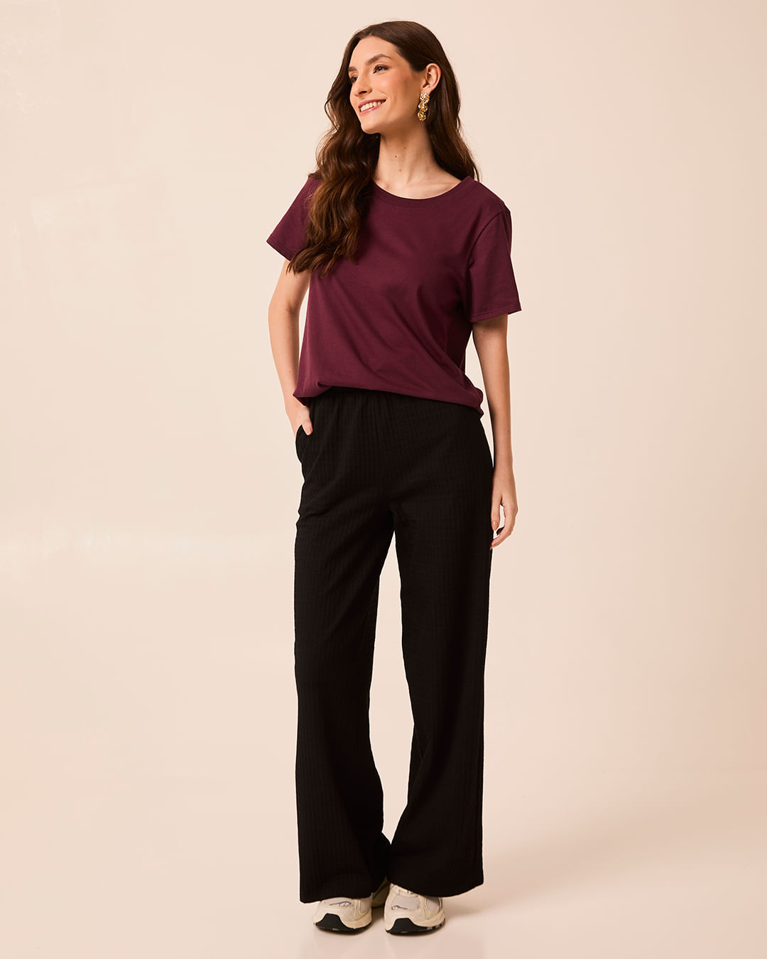 Calça Wide Leg Feminina Cós Elástico Bolso Faca em Malha Viscose Canelada