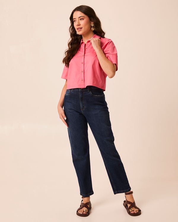 Camisa Feminina Box Manga Curta Em Tricoline Com Elastano Rosa - G