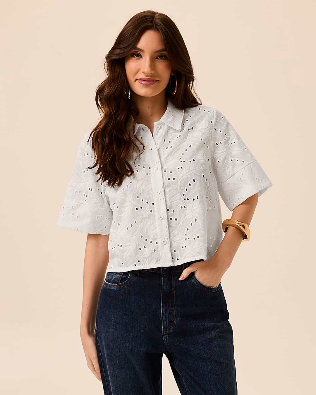 Camisa Feminina Box Manga Curta Em Laise Algodão