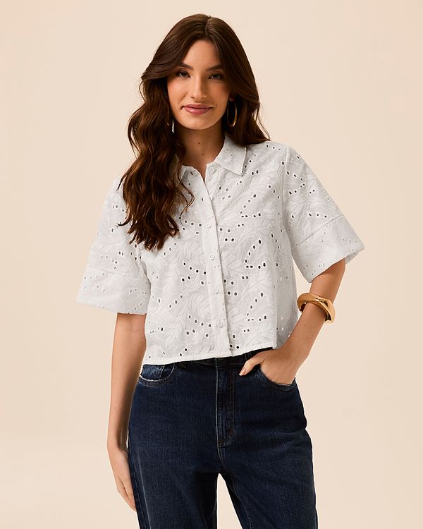 Camisa Feminina Box Manga Curta Em Laise Algodão Branco - M