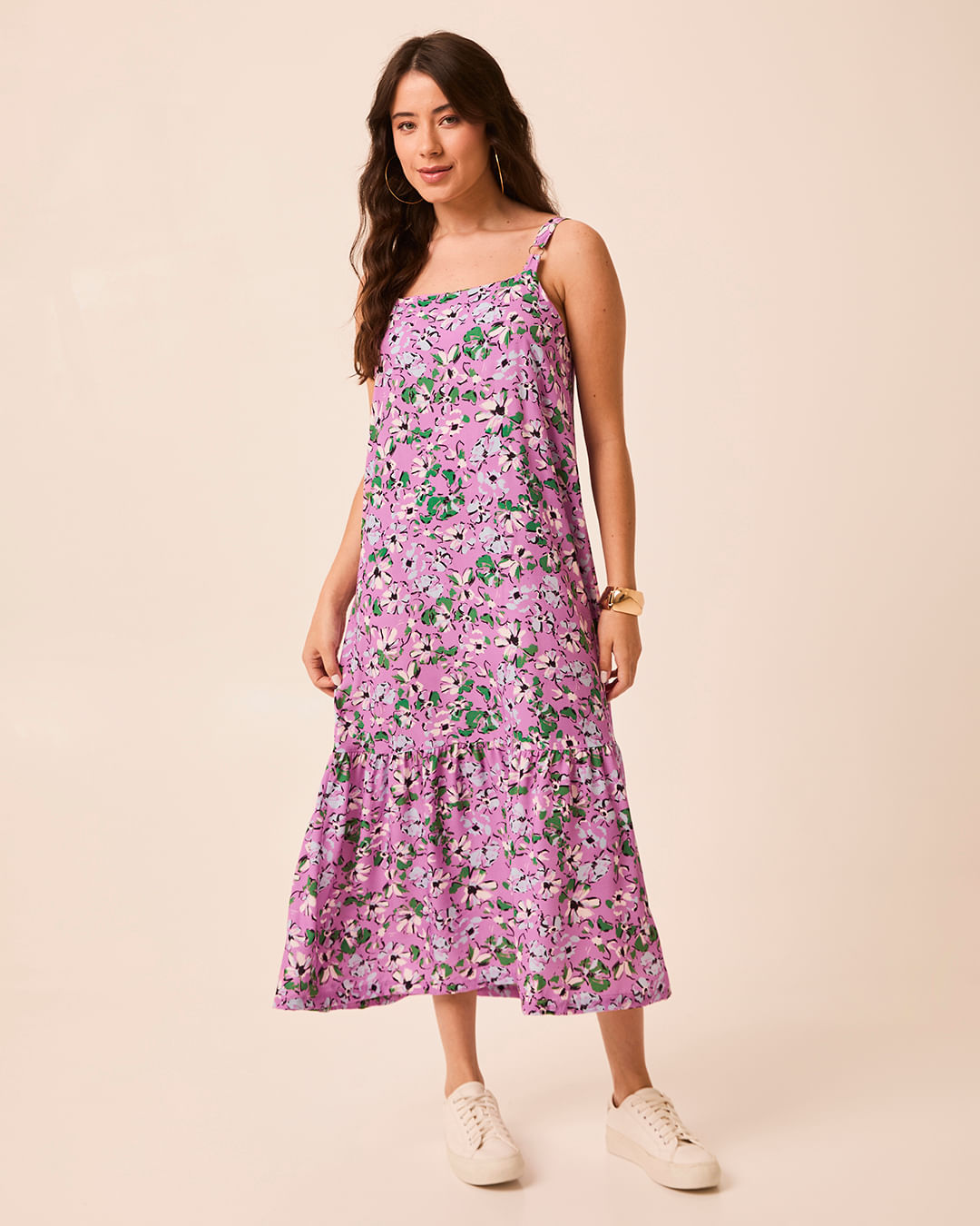 Vestido Midi Feminino Amplo Estampa Floral Decote V Em Viscose