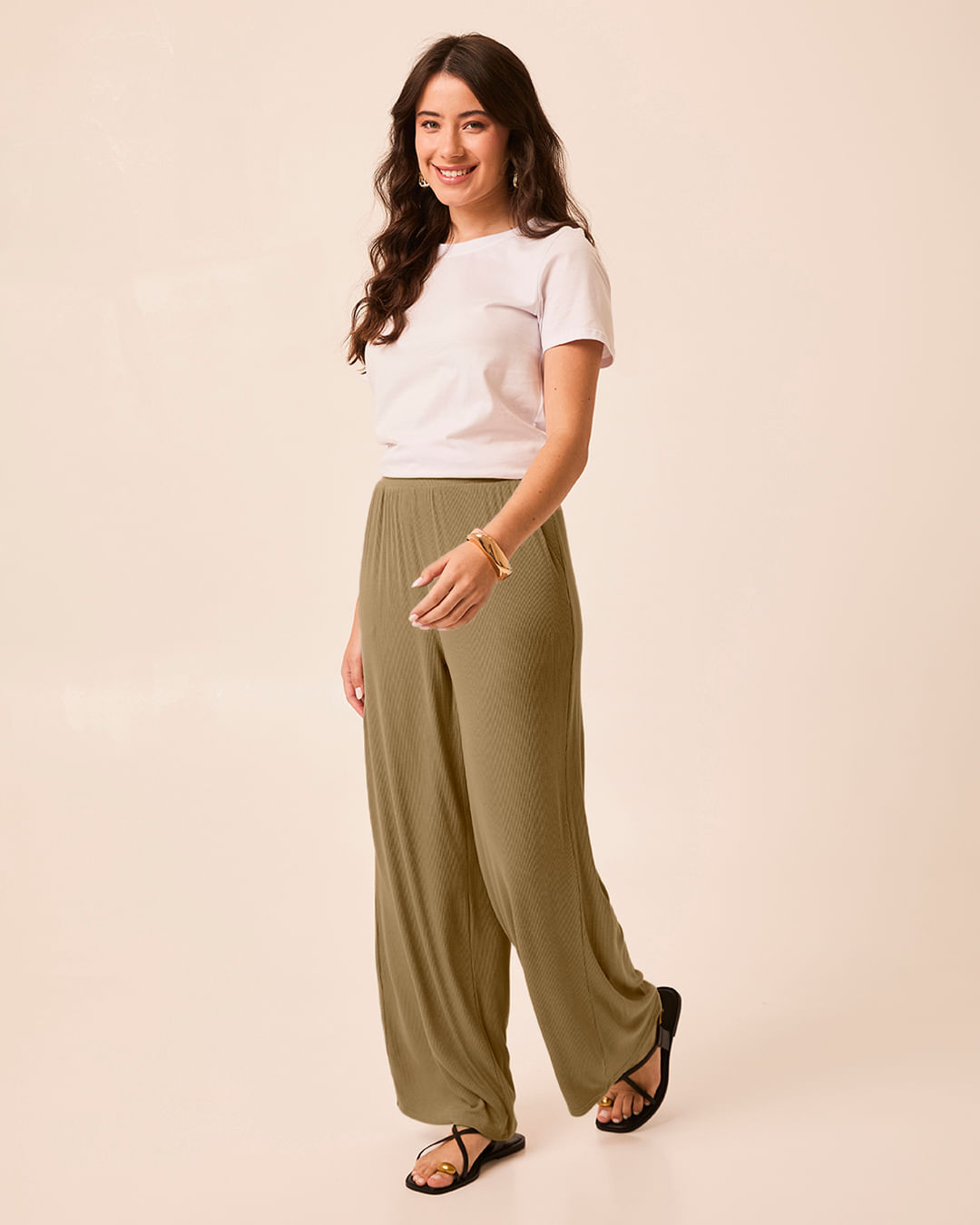 Calça Wide Leg Feminina Cós Elástico Bolso Faca Em Malha Viscose Canelada