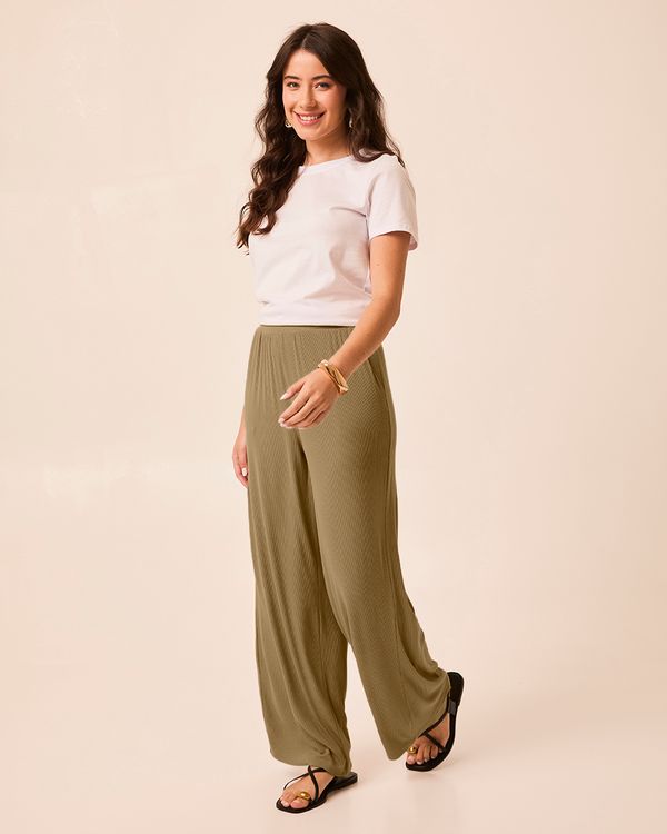 Calça Wide Leg Feminina Cós Elástico Bolso Faca Em Malha Viscose Canelada Marrom - P