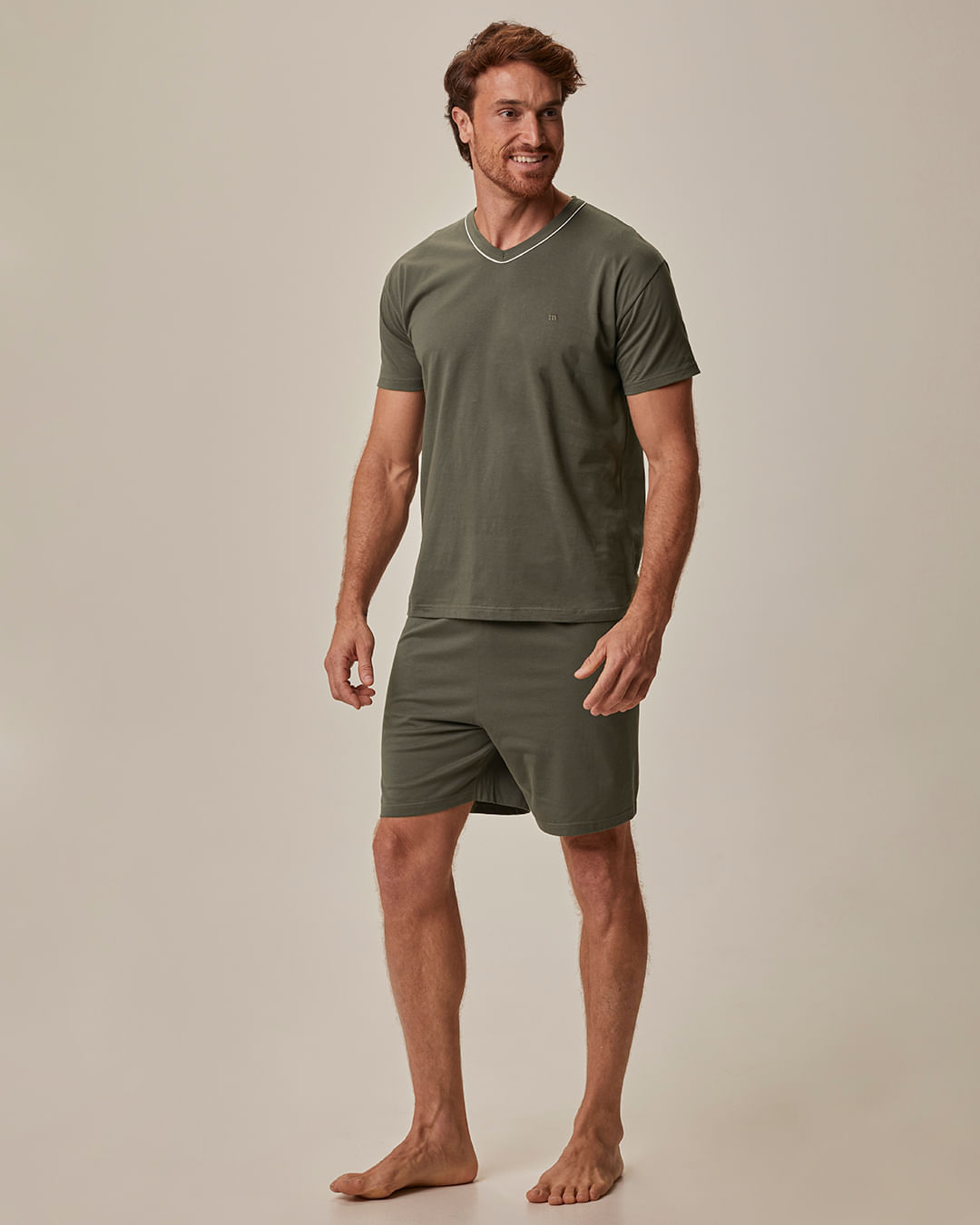 Pijama Curto Masculino Camiseta Decote V Costura Contraste Em Algodão