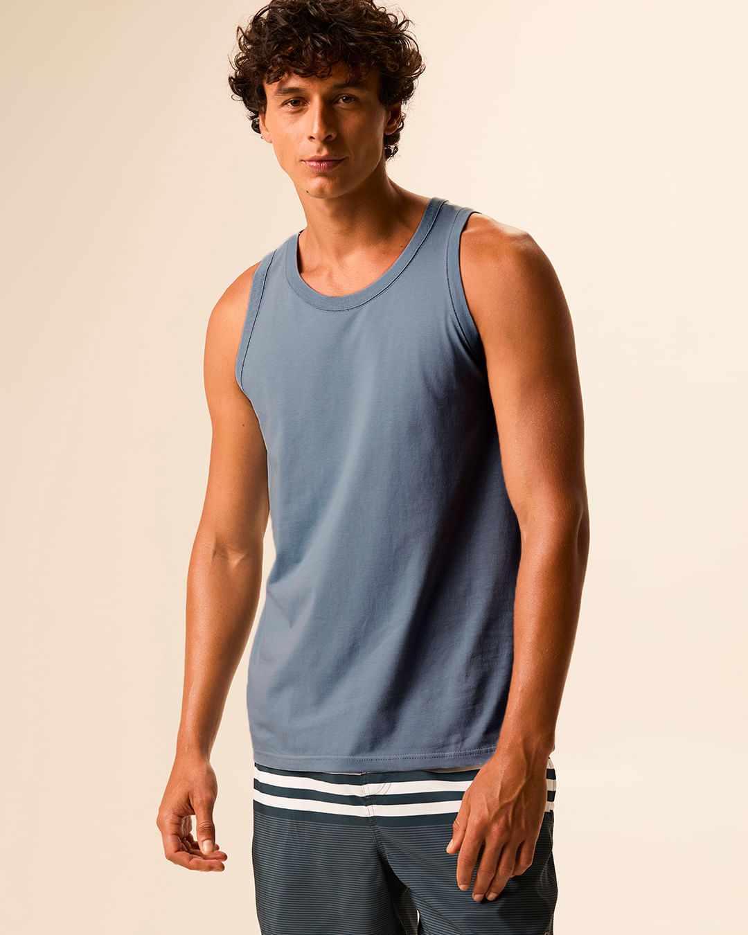 Regata Básica Masculina Alça Estreita Etiqueta Estampada Em Algodão - Azul - P