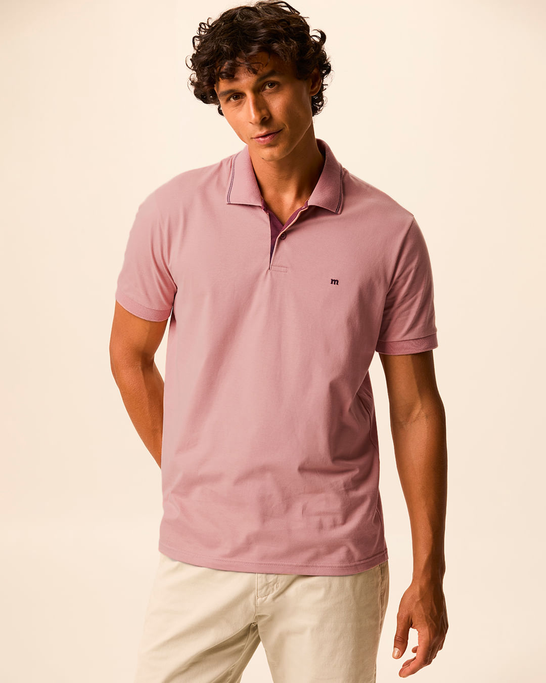 Camisa Polo Básica Masculina Peitilho Com Botões E Bordado Frontal Em Algodão - Rosa - XGG