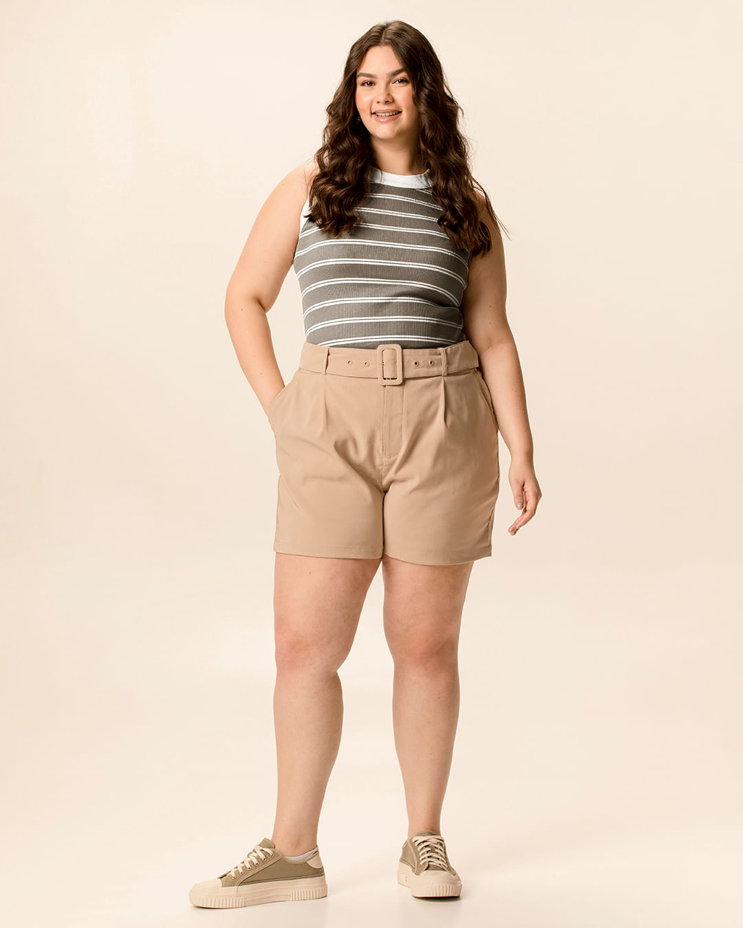 Regata Feminina Plus Size Justa Costura Contraste Em Ribana Listrada