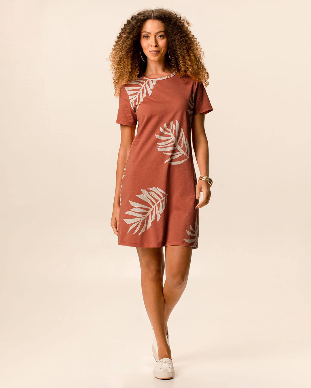 Vestido Feminino Estampado Com Decote Redondo Em Algodão