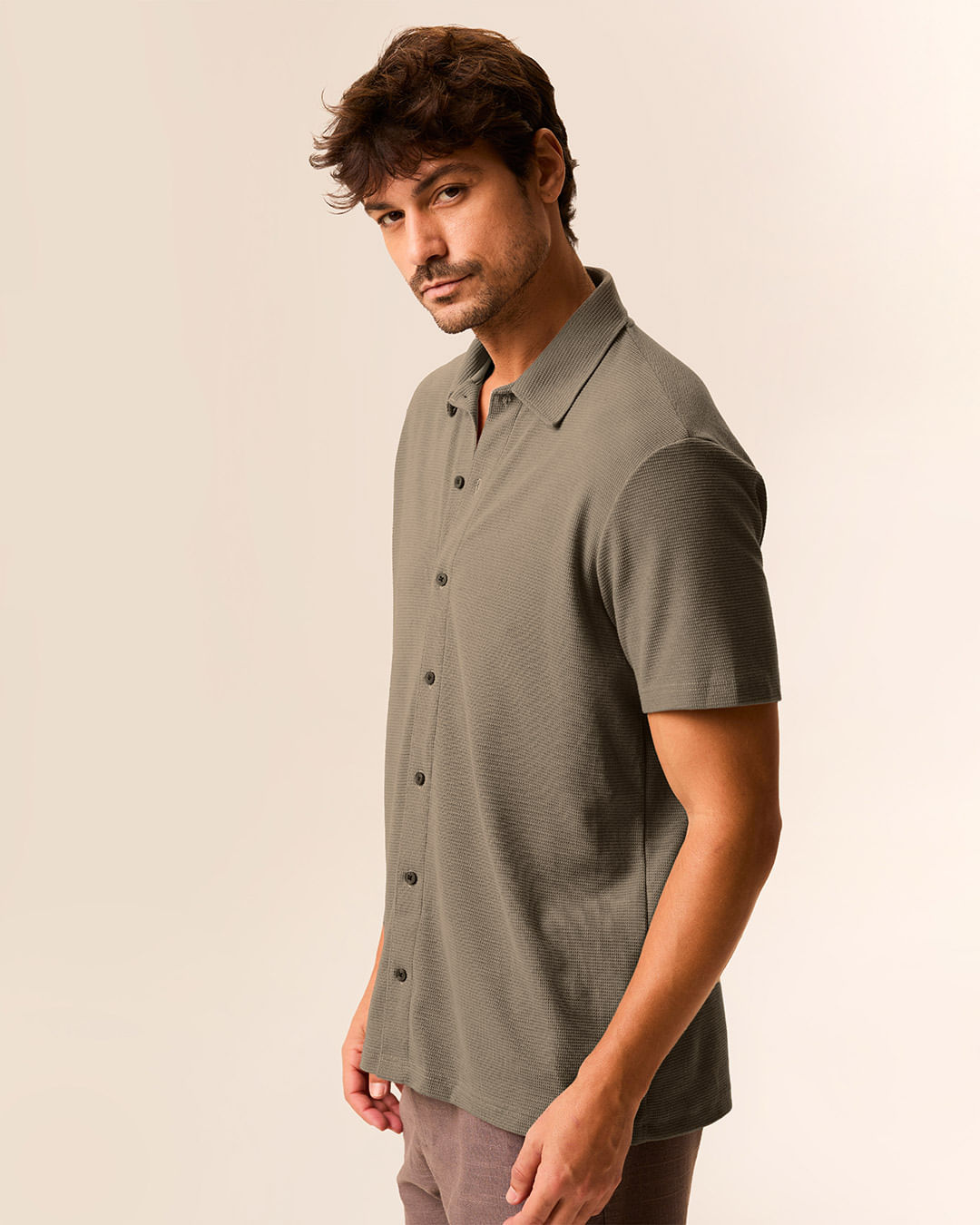 Camisa Masculina Regular Gola Clássica Manga Curta Em Malha Texturizada - Marrom - XGG