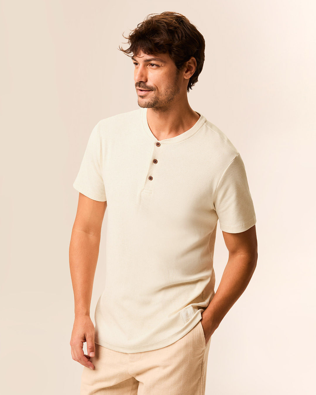 Camiseta Masculina Slim Peitilho Abotoamento Frontal Em Ribana Linho