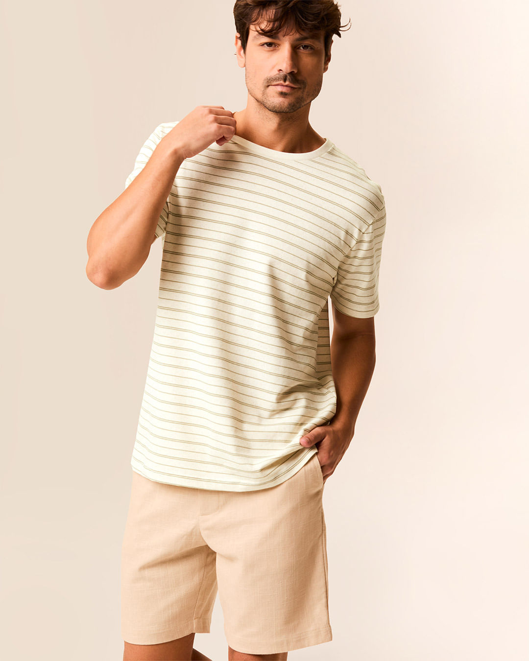 Camiseta Masculina Regular Etiqueta Decorativa Em Piquet Listrado Linho - Off White - XGG