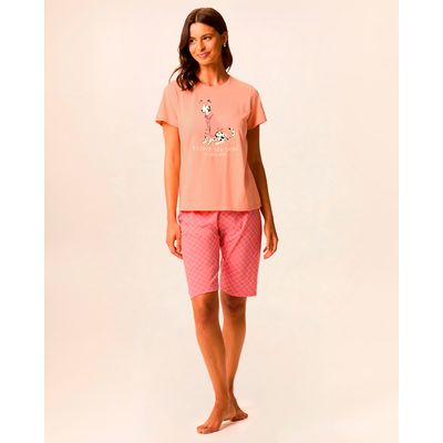 Pijama Curto Feminino Camiseta E Bermuda Estampada Em Malha Algodão