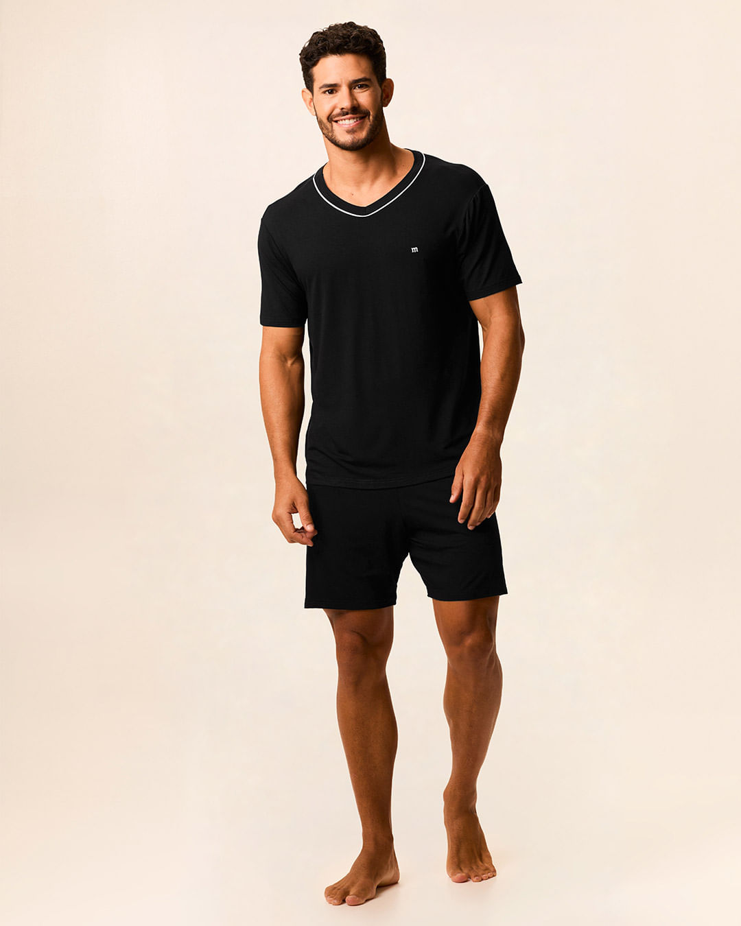 Pijama Curto Masculino Camiseta Decote V Costura Contraste Em Viscose Stretch