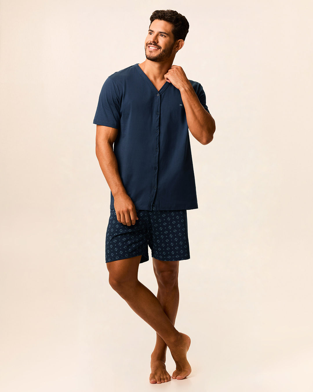 Pijama Curto Masculino Camisa Botões Frontais E Shorts Em Algodão - Azul - XGG