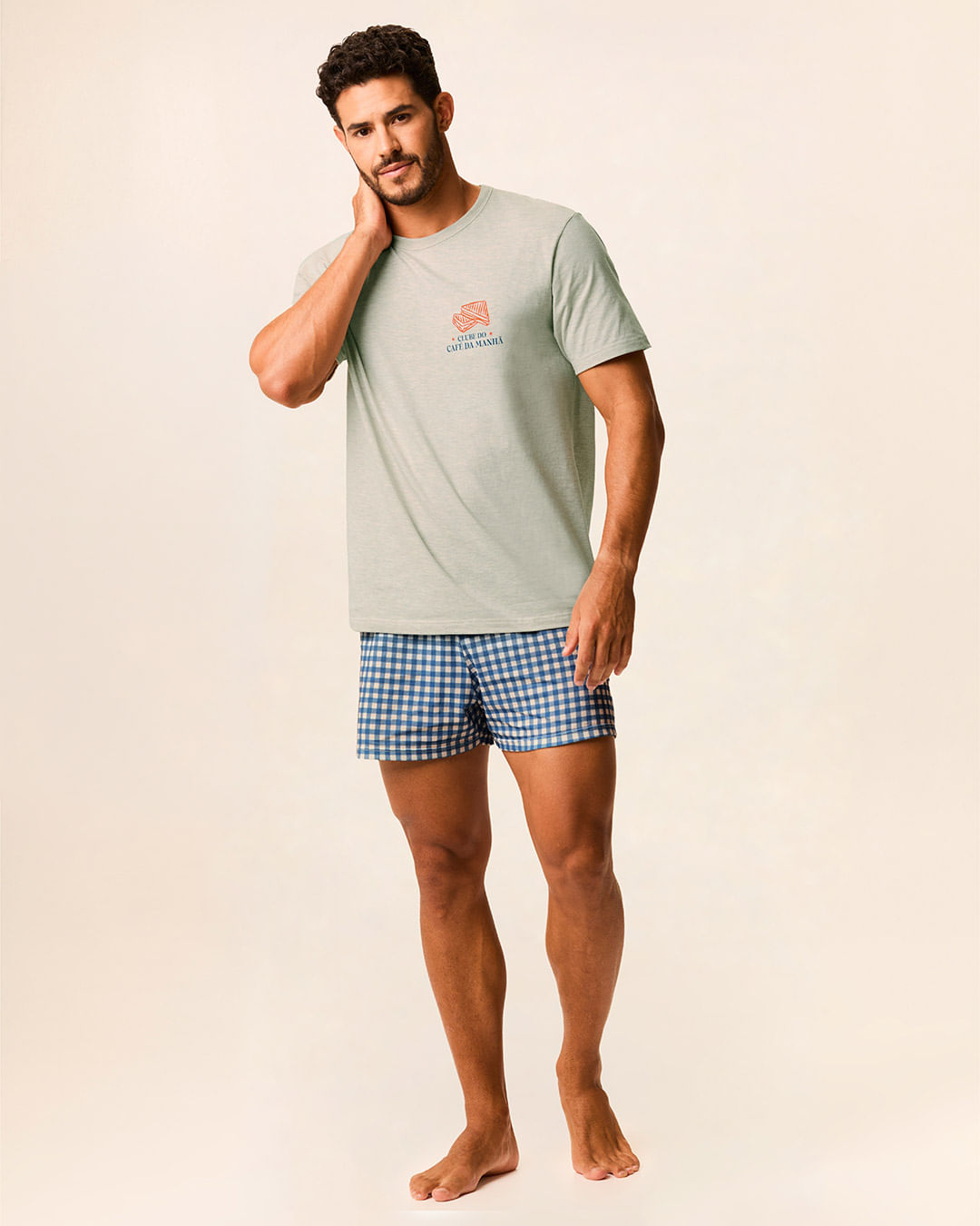Pijama Curto Masculino Clube Do Café Da Manhã Linha Família Em Algodão