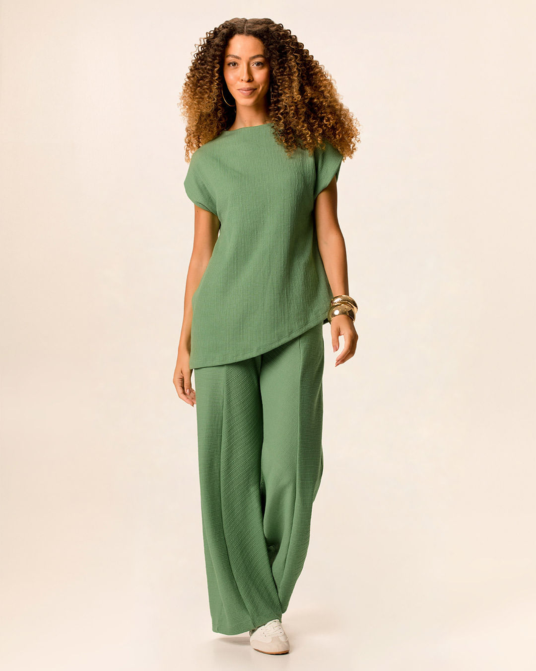 Calça Wide Leg Feminina Bolso Faca Em Jacquard Texturizado - Verde - M