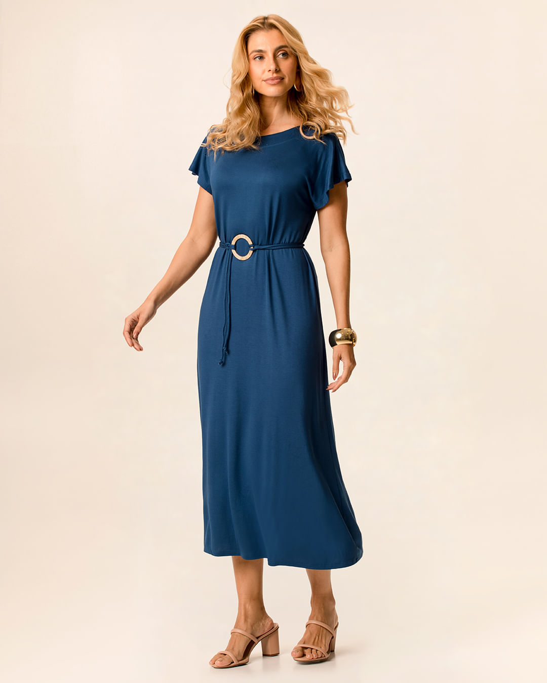 Vestido Midi Feminino Evasê Acompanha Cinto Em Malha Viscose Stretch - Azul - P