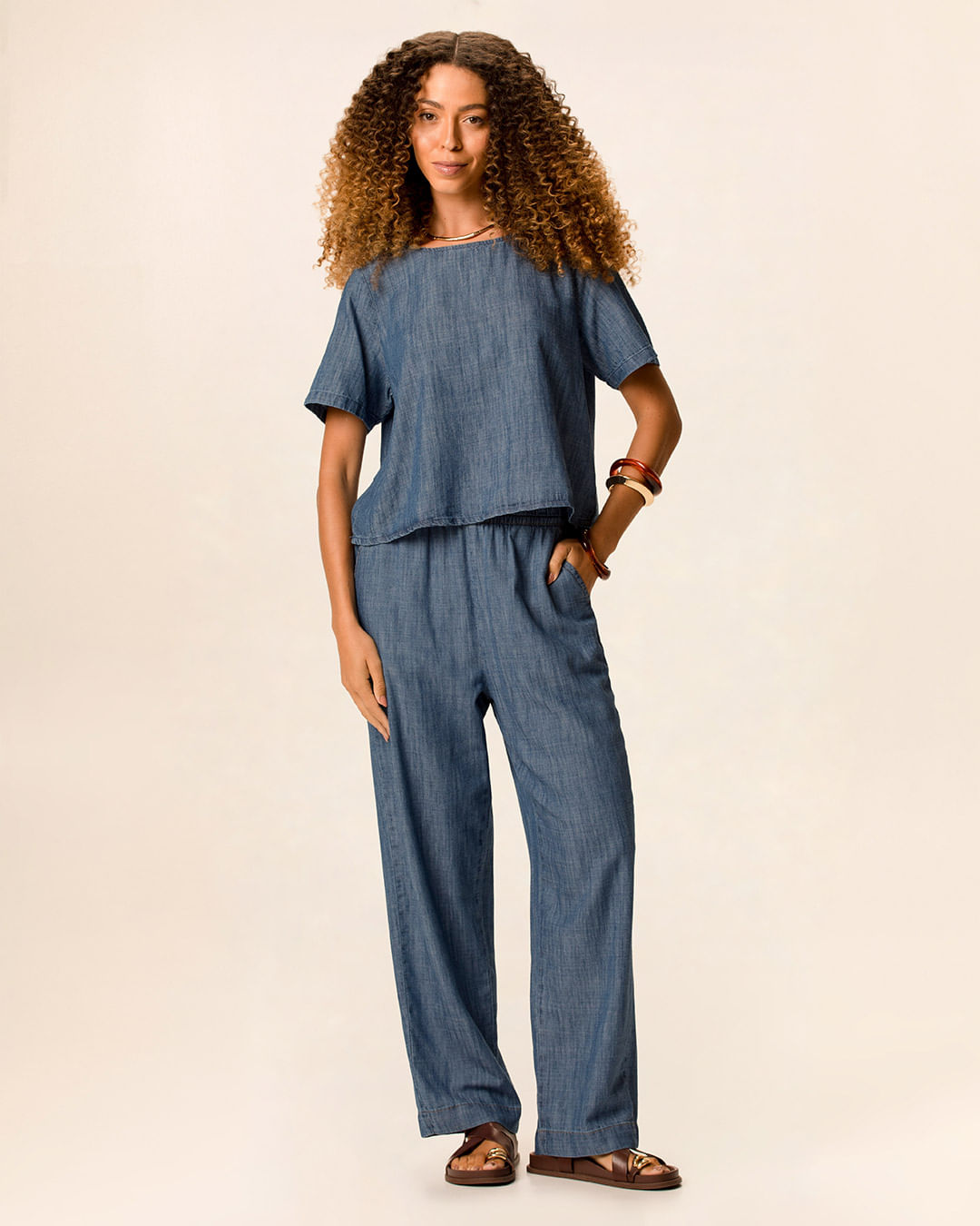 Blusa Feminina Box Larga Manga Curta Em Jeans Leve - Azul - GG