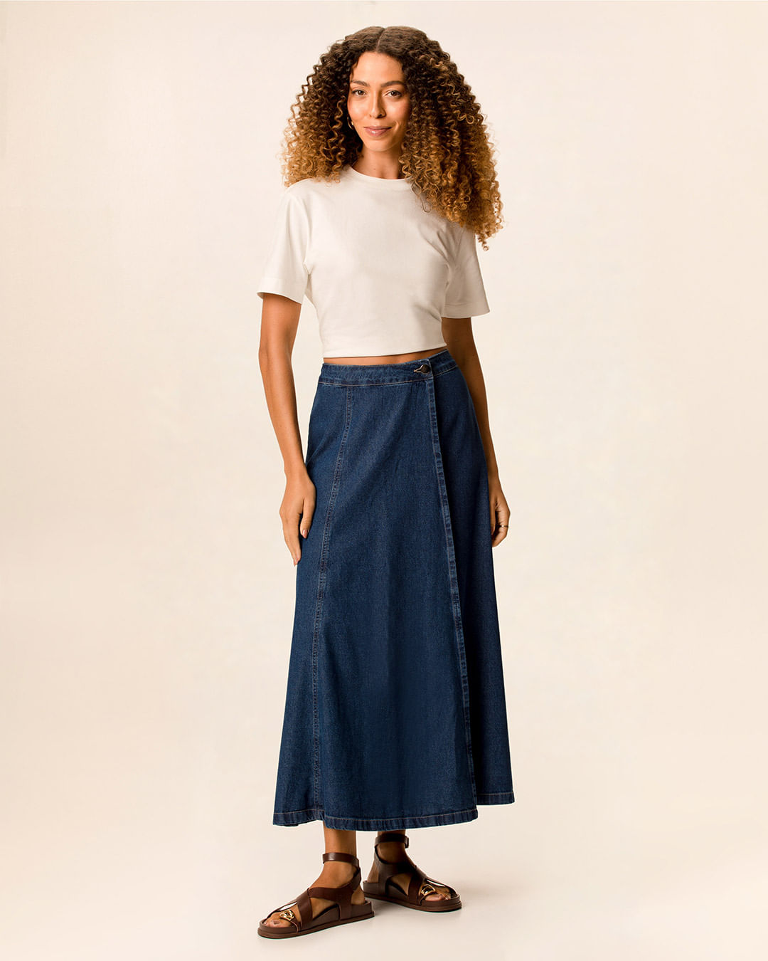 Saia Midi Feminina Transpassada Cintura Alta Em Jeans 100% Algodão - Azul - 44