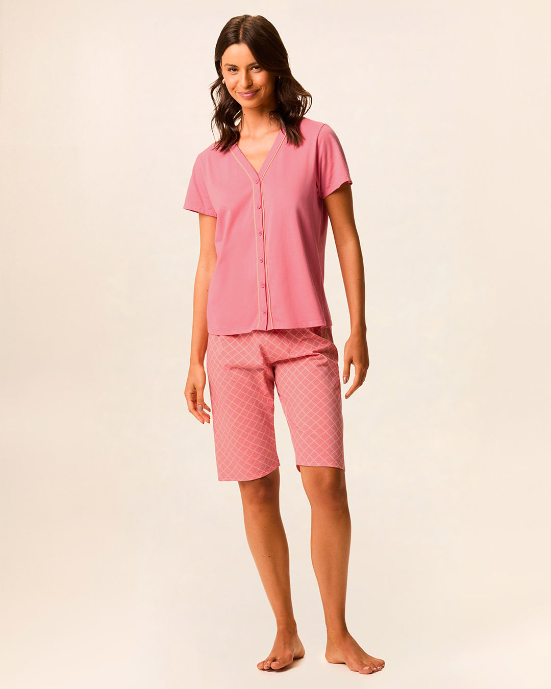 Pijama Curto Feminino Camisa Abotoamento Frontal E Bermuda Em Algodão - Rosa - XGG