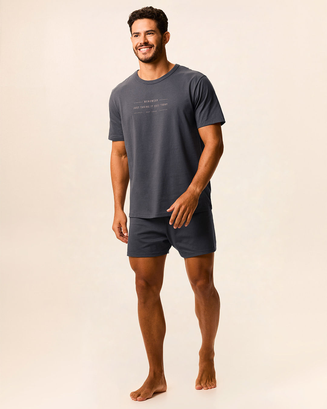 Pijama Curto Masculino Estampa Lettering Frontal Em Malha Algodão - Cinza - XGG