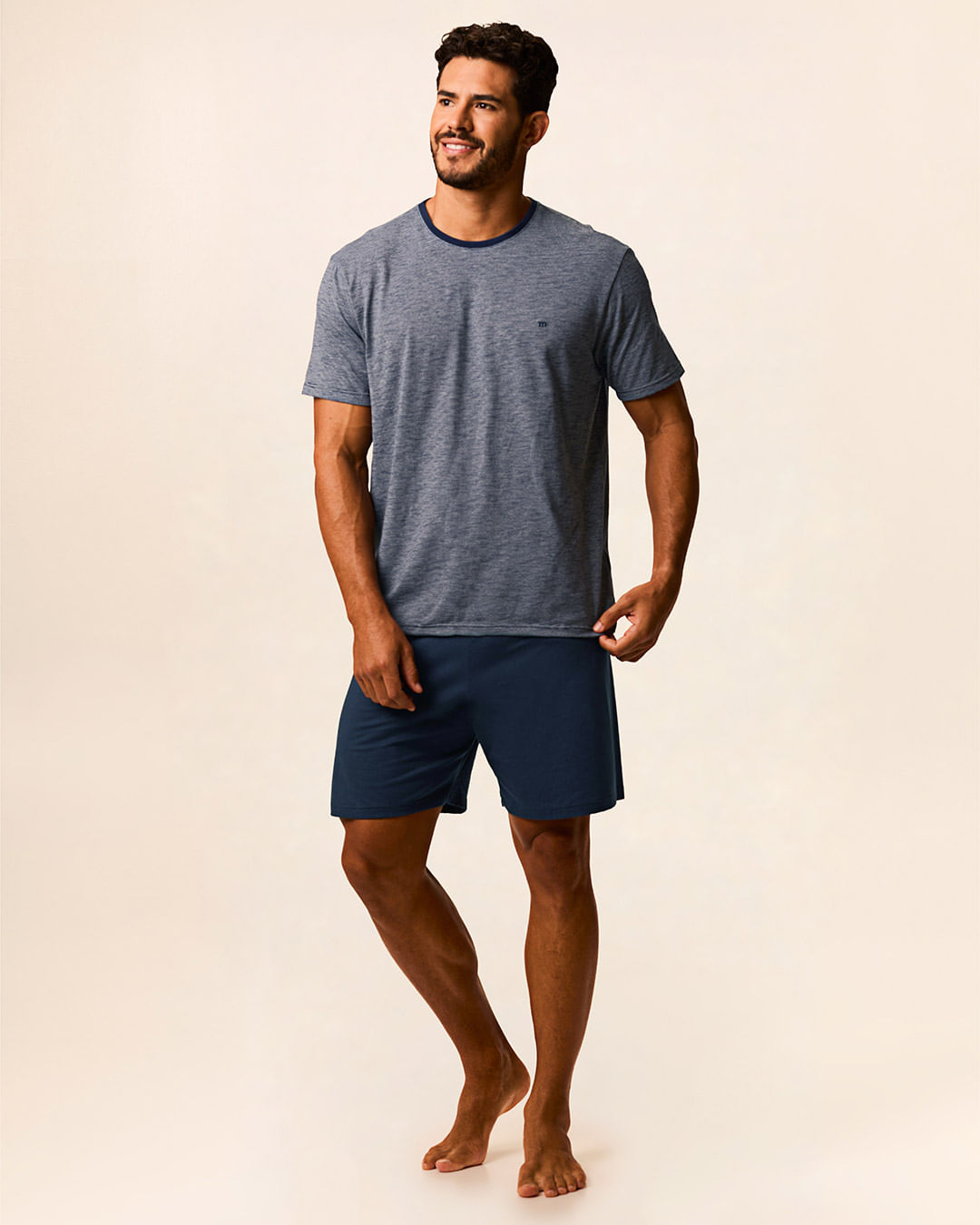 Pijama Curto Masculino Camiseta Decote Redondo Em Malha Fio A Fio