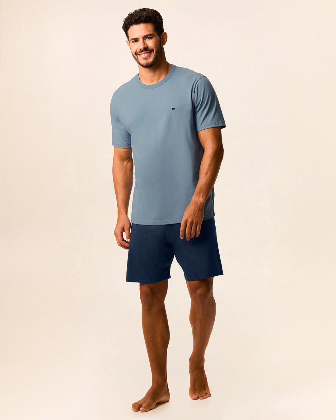 Pijama Curto Masculino Camiseta Bordado Único Em Malha Algodão