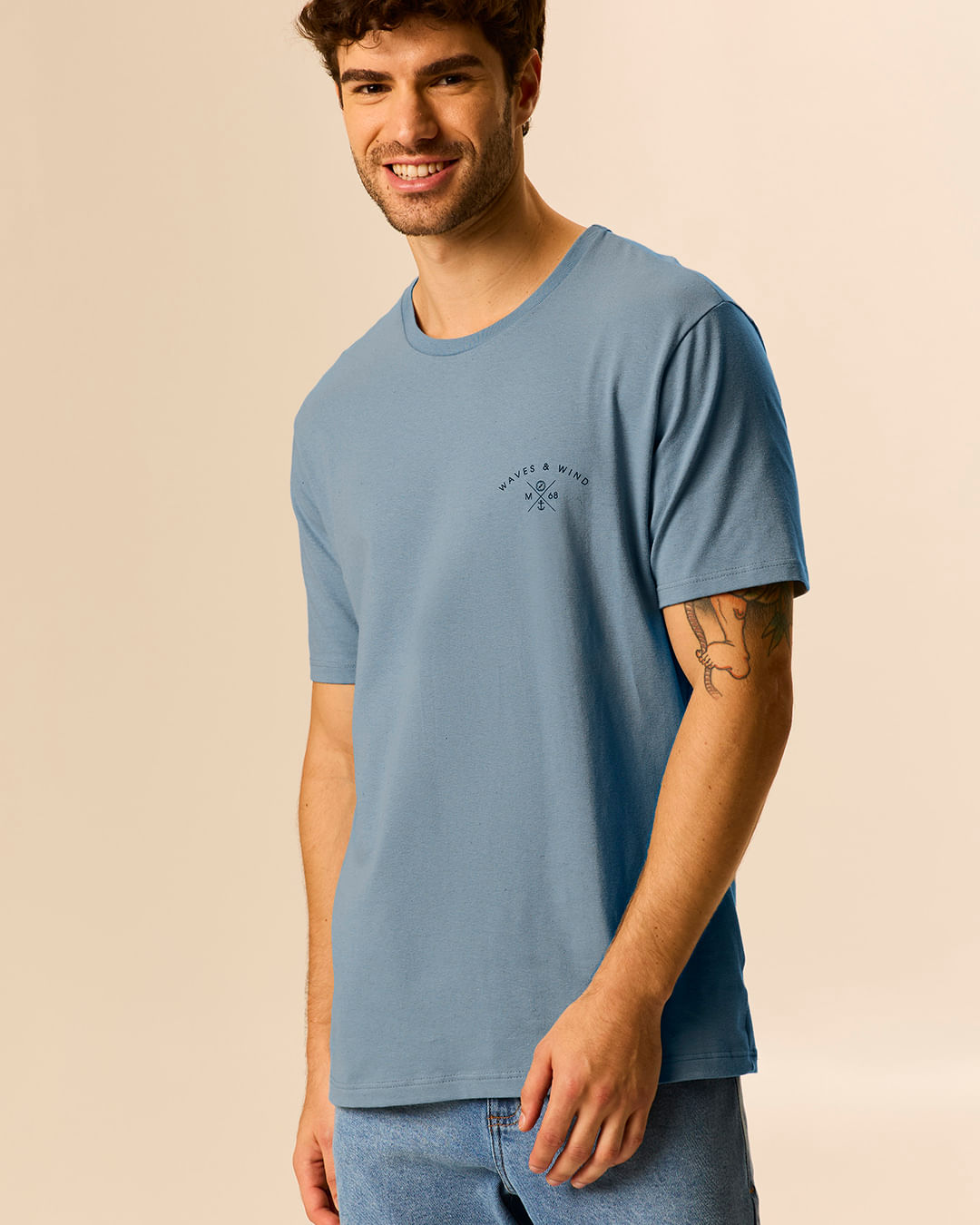 Camiseta Masculina Estampa Frontal Lettering E Costas Em Malha Linho - Azul - XGG