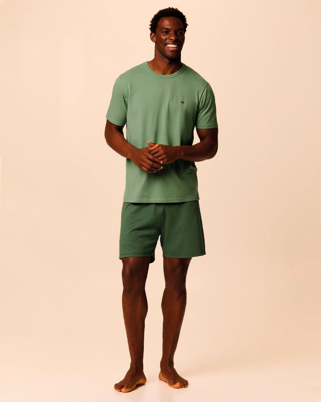 Pijama Curto Masculino Camiseta Bordado Único Em Malha Algodão - Verde - G
