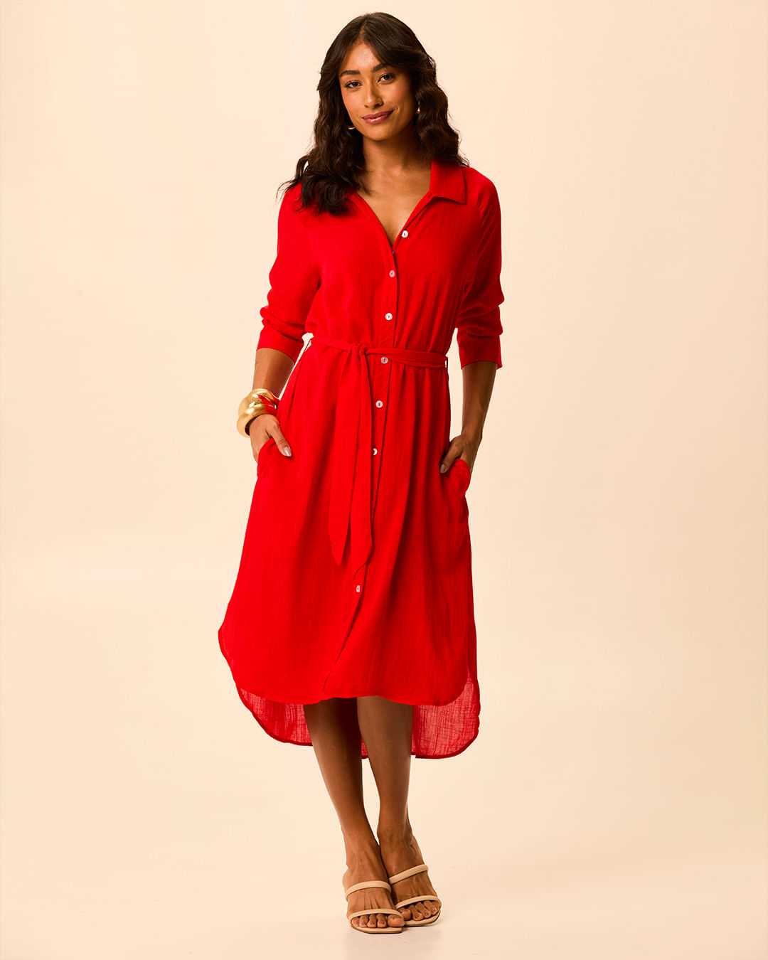 Vestido Midi Feminino Chemise Manga 7/8 E Cinto Em Viscose Texturizada